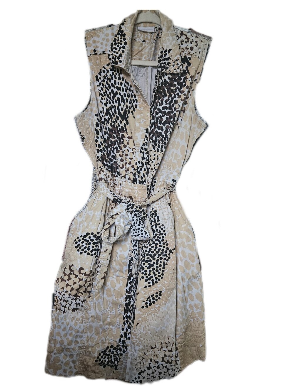 NY&Co Animal Print Shirt Dress XL Tan Beige Leopard Spot Collar Short Sleeve Tie